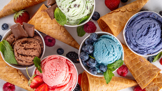 Colorful,Bright,Ice,Cream,On,Bowls,,With,Waffle,Cones,And