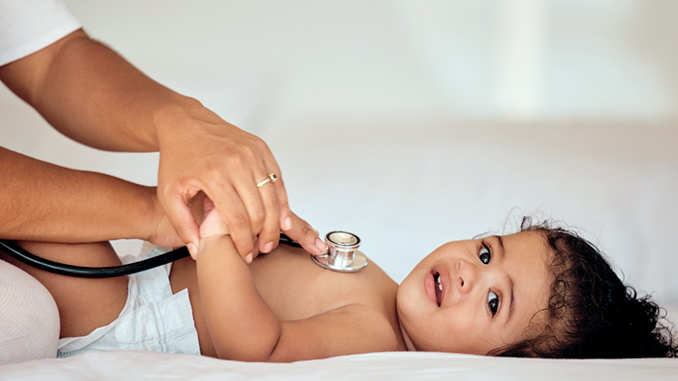 Medical, consulting and stethoscope with baby on bed for healthcare, cardiology and pediatrician exam. Help, medicine and check with hands of doctor and heartbeat of child for growth, lungs or breath